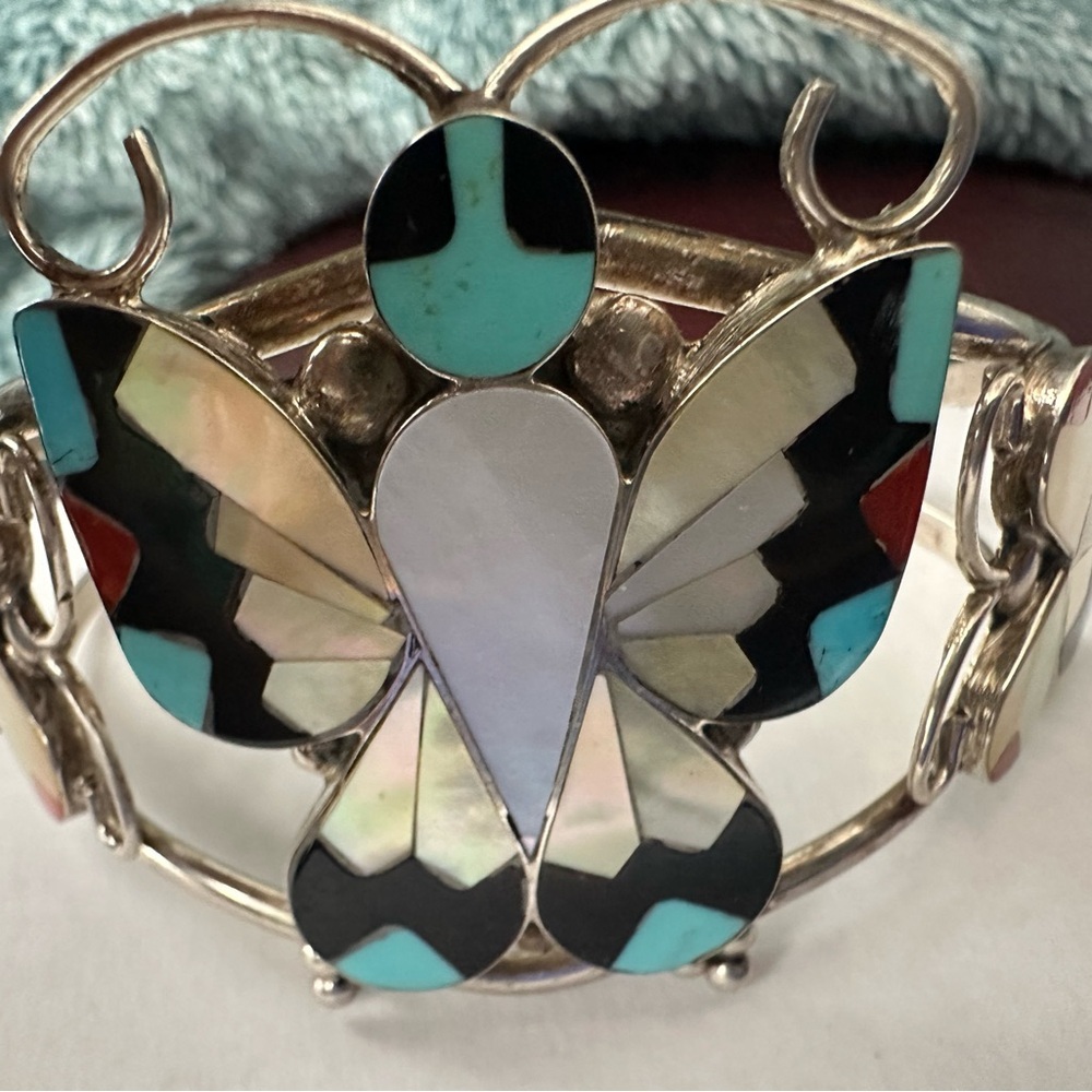 Zuni Handmade Sterling Silver Butterfly Cuff Bracelet Multicolor 7" - Picture 2 of 7